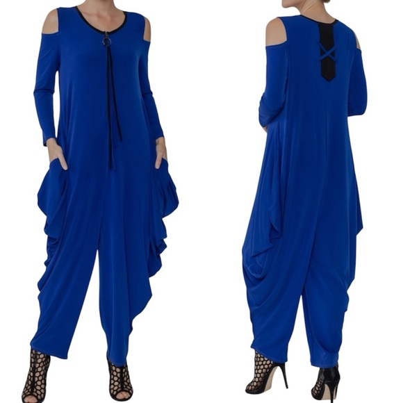 IC Collection By Connie K Blue Cold Shoulder Jumpsuit Size S - Picture 1 of 9